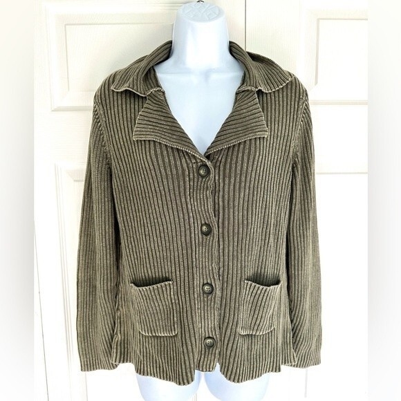 Woolrich Light Olive Green Ramie Cotton Blend Ribbed Cardigan Size L - Picture 1 of 11
